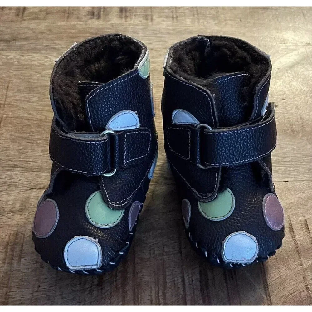 Pediped Boots Shoes Giselle Polka Dot Soft Sole Faux Fur Lined 0-6 Months Brown